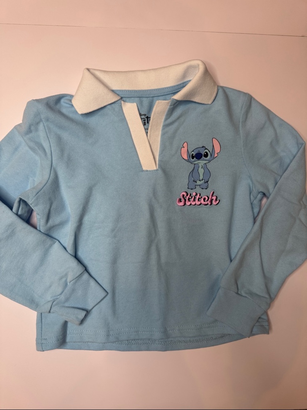Disney Light Blue Long-Sleeve Polo Top with Stitch Patch